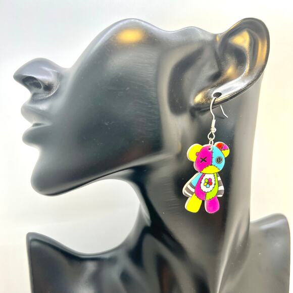 Patchwork Bear Earrings - Halloween Earrings - Punk Earrings - Teddy Bear Earrin - Picture 6 of 7